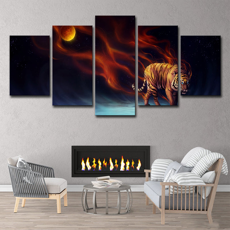 Brehn | Gelbe Mond Nacht Tiger Kunstdruck Mehrteilig Moderne Wohnzimmer Wanddekoration