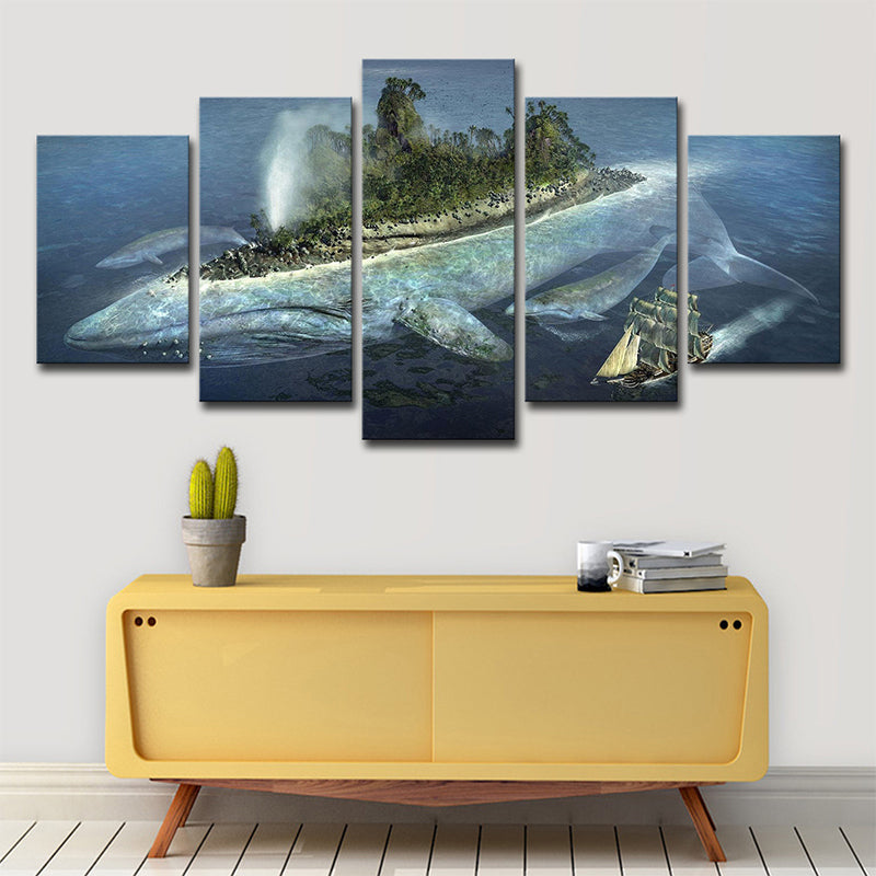 Brehn | Modernist Ozean Wal Insel Kunstdruck Blau Mehrteiliges Leinwandbild für Hausinterieur