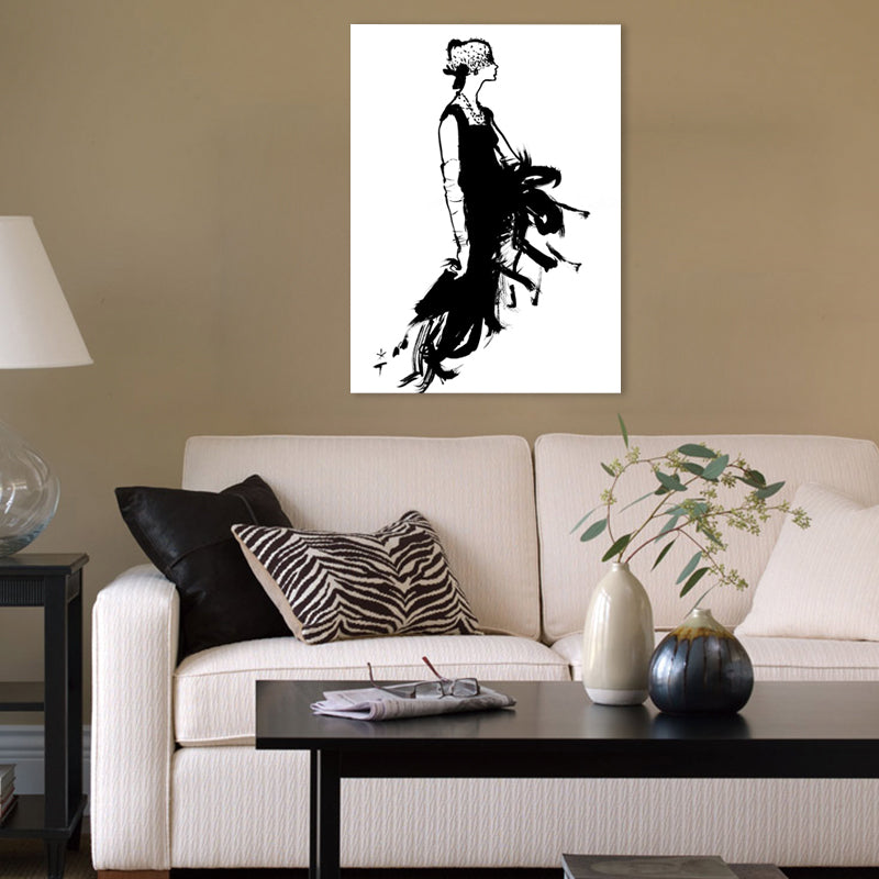 Brehn | Bleistiftzeichnung Glam Leinwand Wandkunst mit Frau im schwarzen Kleid Muster für Schlafzimmer