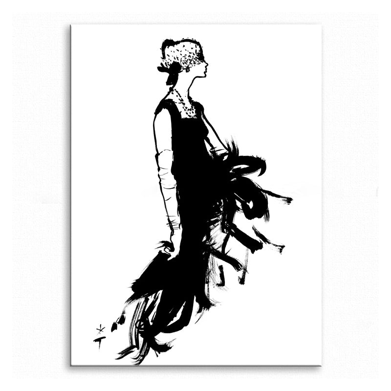 Brehn | Bleistiftzeichnung Glam Leinwand Wandkunst mit Frau im schwarzen Kleid Muster für Schlafzimmer