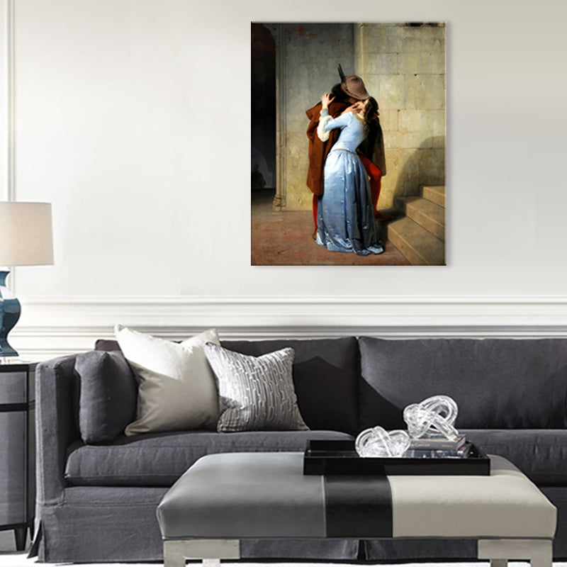 Brehn | Küssendes Pärchen Leinwand Wandkunst Rustikale Textur Malerei in Blau (Mehrere Größenoptionen)