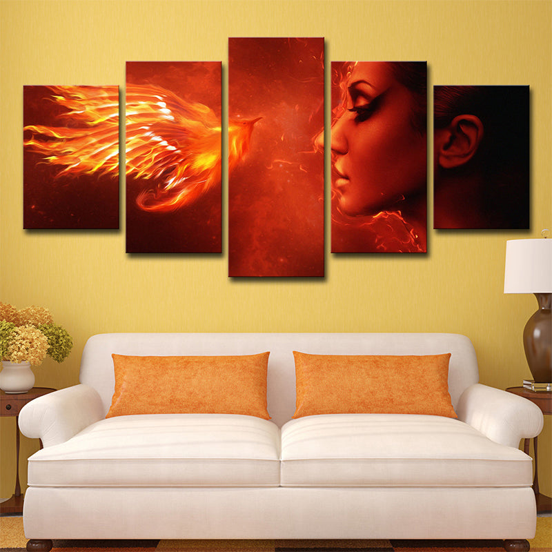 Brehn | Orange Rote Moderne Leinwand Kunst Digitale Druck Frau und Phönix Wanddekoration für Raum
