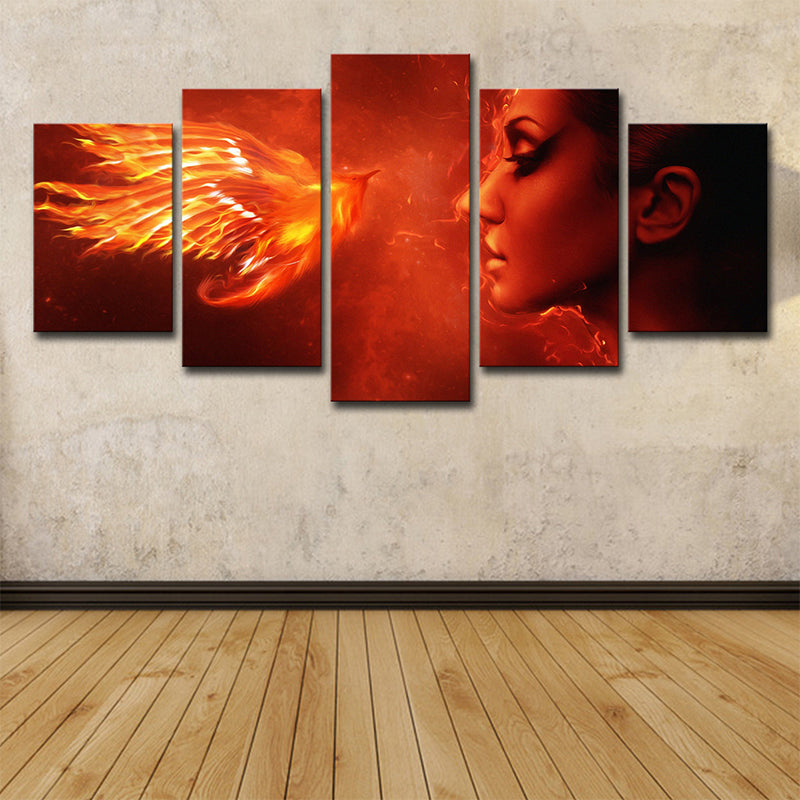 Brehn | Orange Rote Moderne Leinwand Kunst Digitale Druck Frau und Phönix Wanddekoration für Raum