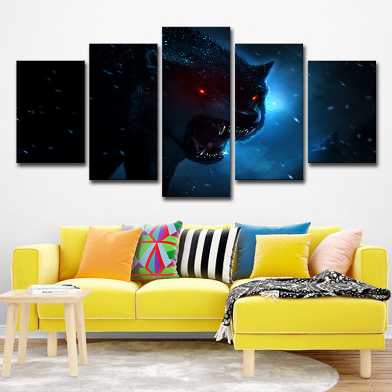 Brehn | Dunkelblauer Nachthemd Wolf Kunstdruck Mehrteilig Moderner Stil Jungenzimmer Wanddekoration