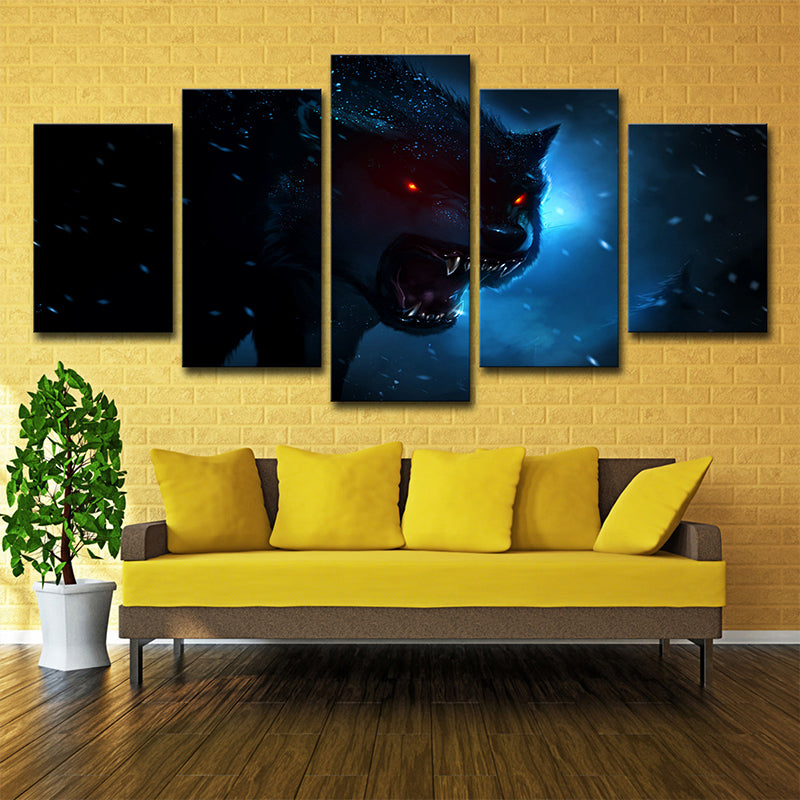 Brehn | Dunkelblauer Nachthemd Wolf Kunstdruck Mehrteilig Moderner Stil Jungenzimmer Wanddekoration