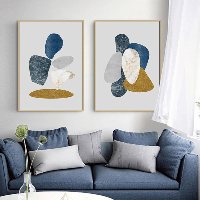 Brehn | Minimalistische Kieselzeichnung Kunstdruck Wohnungsinterieur Leinwand in Blau-Grau auf Weiß