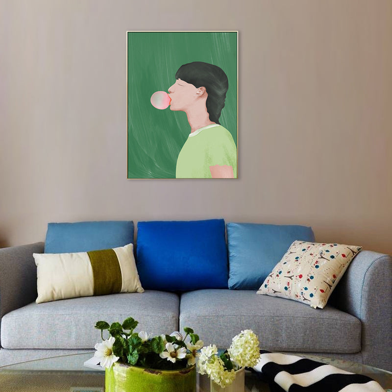 Brehn | Grüner Nordic Style Kunstdruck Junge Kaugummi kauend Zeichnung Wanddekoration für Jugendzimmer