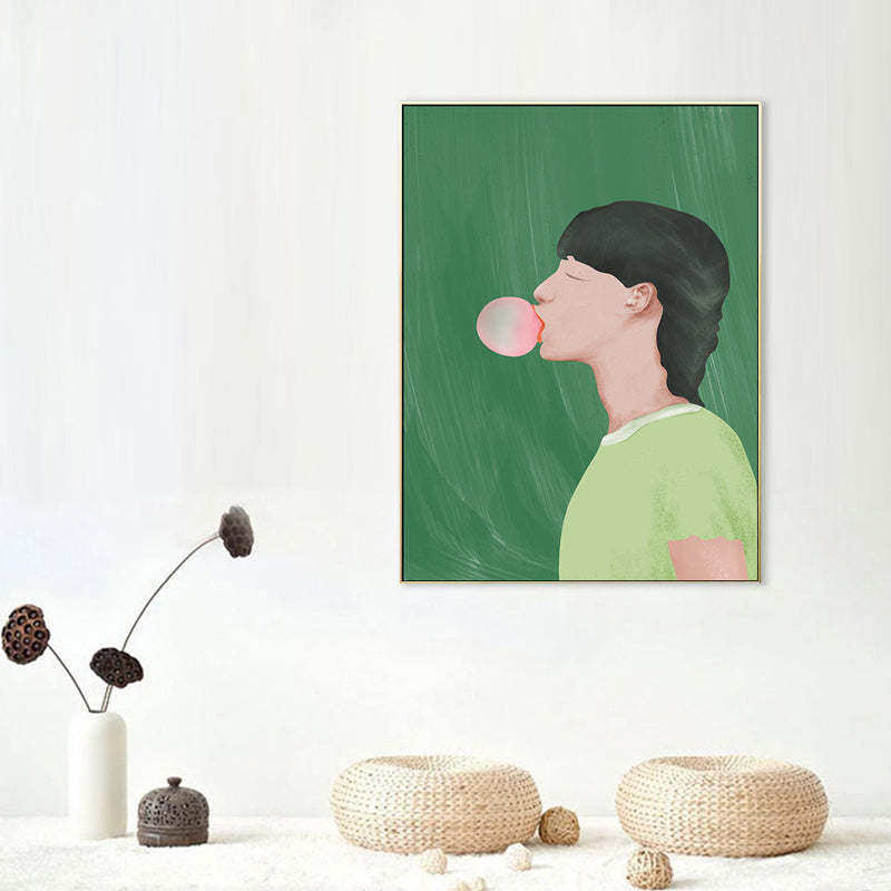 Brehn | Grüner Nordic Style Kunstdruck Junge Kaugummi kauend Zeichnung Wanddekoration für Jugendzimmer