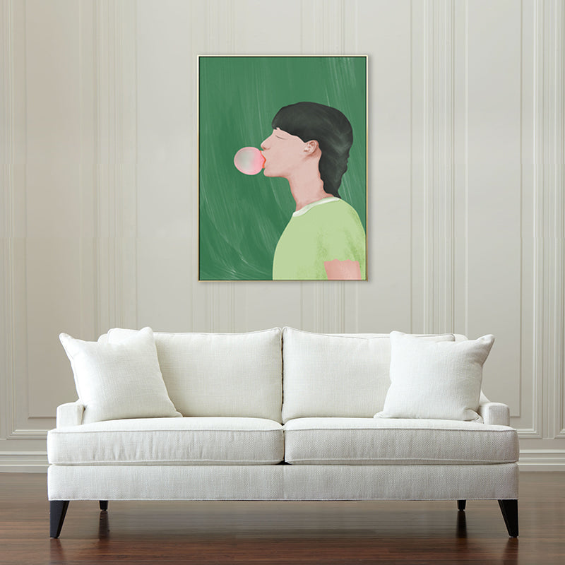 Brehn | Grüner Nordic Style Kunstdruck Junge Kaugummi kauend Zeichnung Wanddekoration für Jugendzimmer