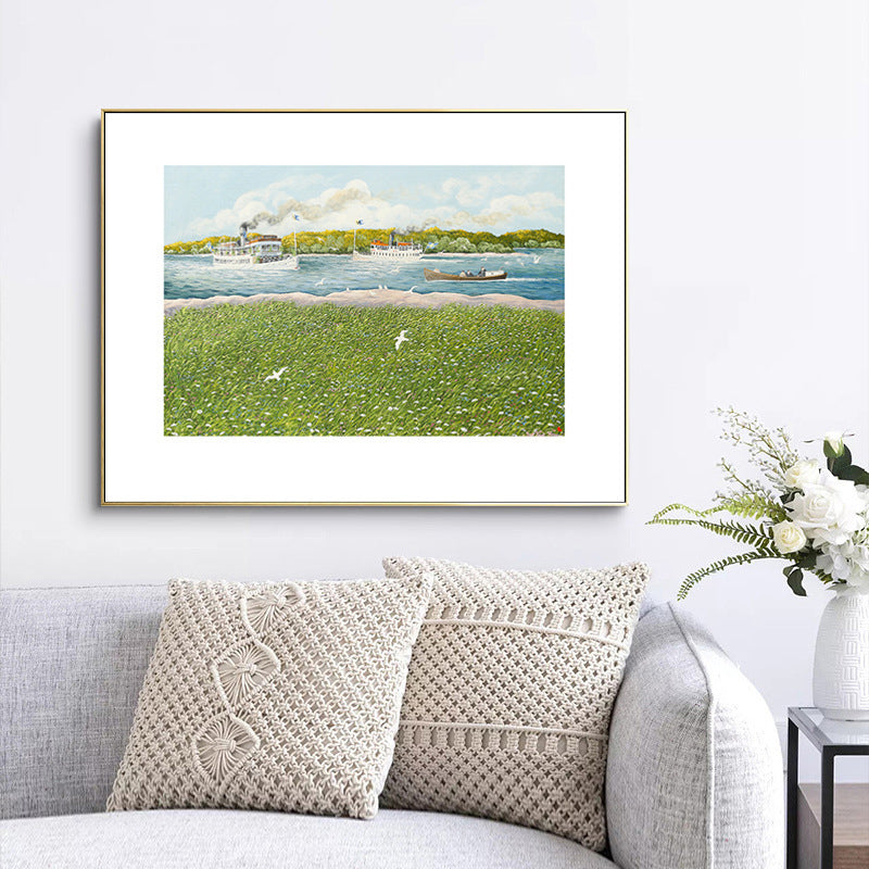 Brehn | Park Landschaft Kunstdruck Tropix nostalgische Wiese und Dampfschiff Zeichnung Leinwand in Grün