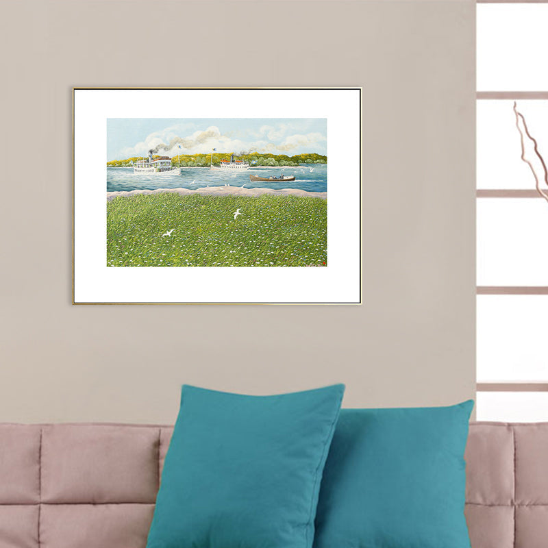 Brehn | Park Landschaft Kunstdruck Tropix nostalgische Wiese und Dampfschiff Zeichnung Leinwand in Grün