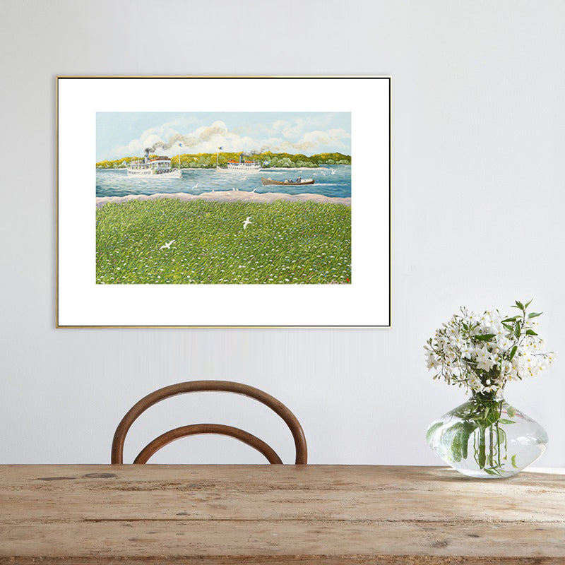 Brehn | Park Landschaft Kunstdruck Tropix nostalgische Wiese und Dampfschiff Zeichnung Leinwand in Grün
