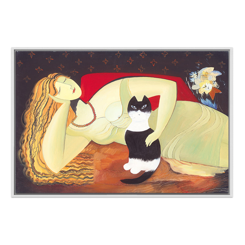 Brehn | Texturiertes Frauen- und Katzenmalerei-Leinwand traditioneller Wanddekoration in Gelb für das Schlafzimmer