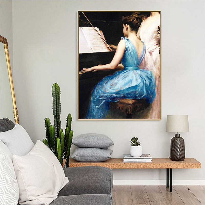 Brehn | Vintage Musikalische Leinwanddruck Mädchen, das Klavier spielt, blaue Wanddekoration für Schlafzimmer, mehrere Größen