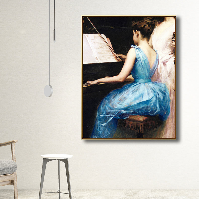 Brehn | Vintage Musikalische Leinwanddruck Mädchen, das Klavier spielt, blaue Wanddekoration für Schlafzimmer, mehrere Größen