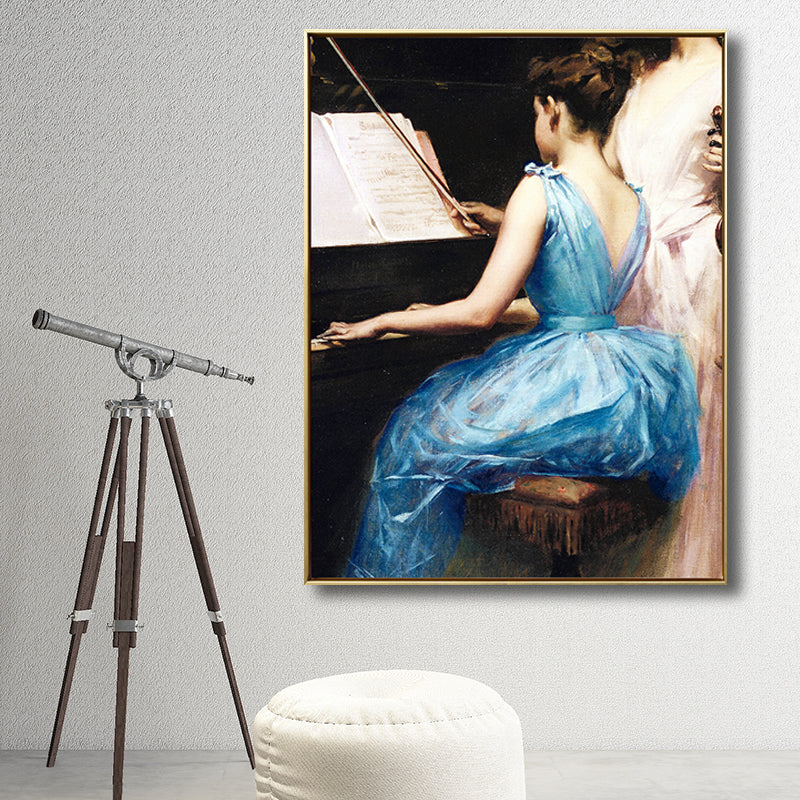 Brehn | Vintage Musikalische Leinwanddruck Mädchen, das Klavier spielt, blaue Wanddekoration für Schlafzimmer, mehrere Größen