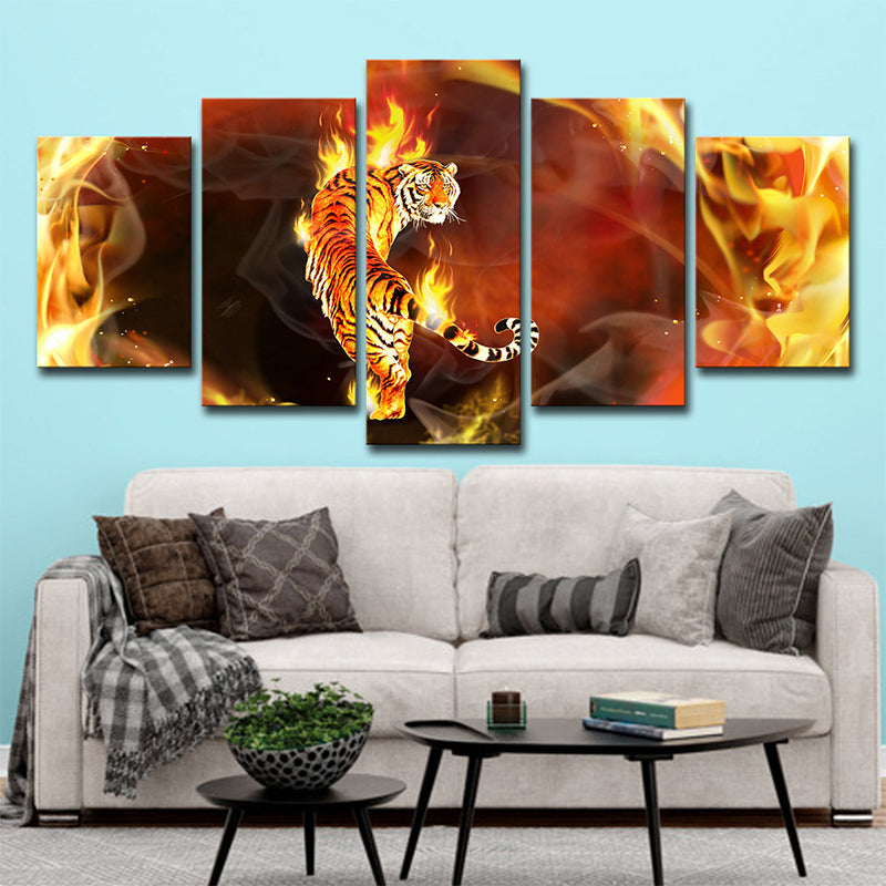 Brehn | Gelbe Tiger in Flammen Leinwand Tier Modern Mehrteilige Wandkunst Dekor für das Wohnzimmer