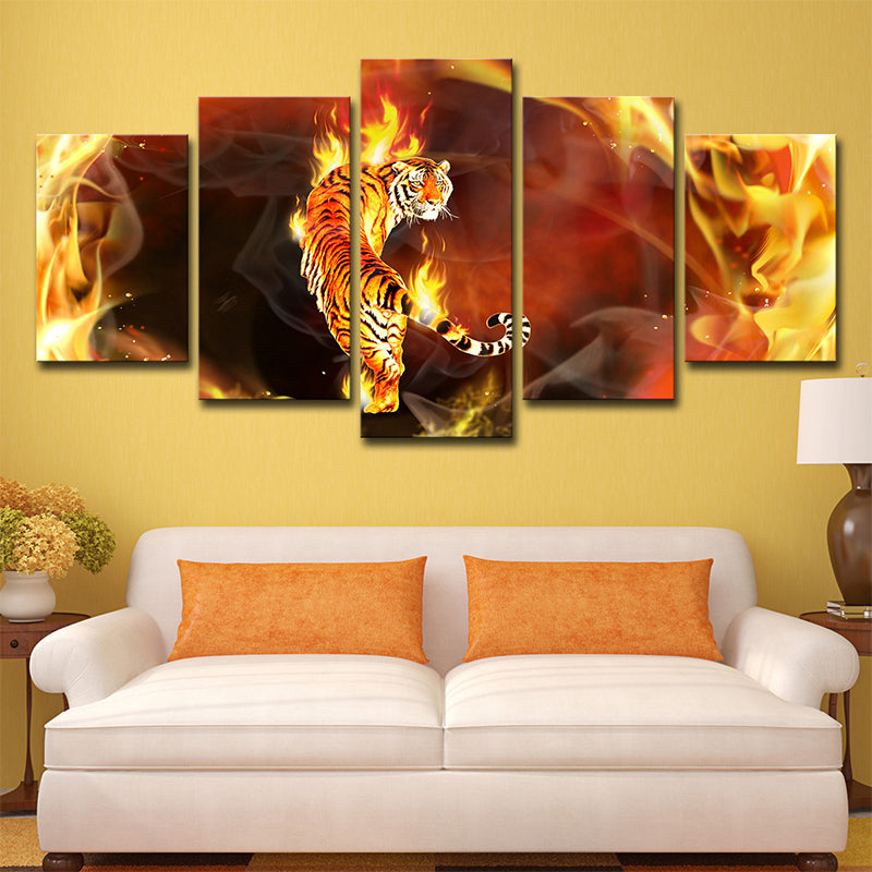 Brehn | Gelbe Tiger in Flammen Leinwand Tier Modern Mehrteilige Wandkunst Dekor für das Wohnzimmer