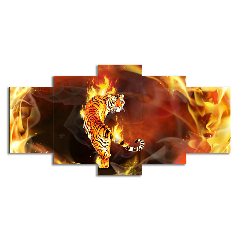 Brehn | Gelbe Tiger in Flammen Leinwand Tier Modern Mehrteilige Wandkunst Dekor für das Wohnzimmer