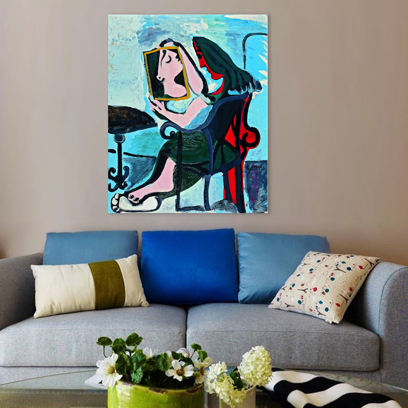 Brehn | Traditionelle Menschen Wanddekoration Abstrakte Frau, die in den Spiegel schaut, Blau Leinwandkunst für das Wohnzimmer