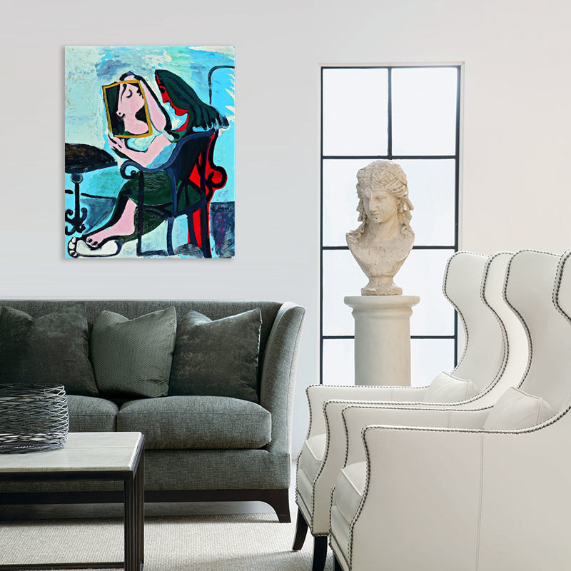 Brehn | Traditionelle Menschen Wanddekoration Abstrakte Frau, die in den Spiegel schaut, Blau Leinwandkunst für das Wohnzimmer
