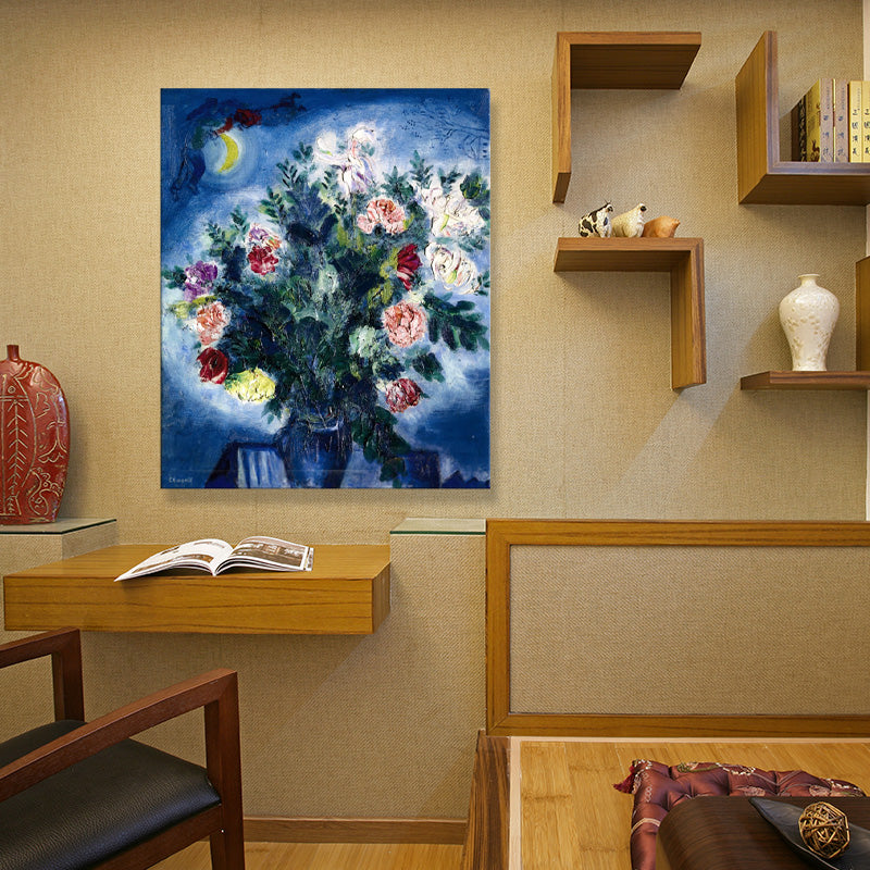 Brehn | Textured People Malen Eine Menge Blumen und Mond Blaue Wandkunst Dekor für Schlafzimmer