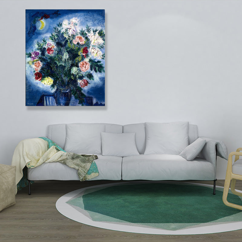 Brehn | Textured People Malen Eine Menge Blumen und Mond Blaue Wandkunst Dekor für Schlafzimmer