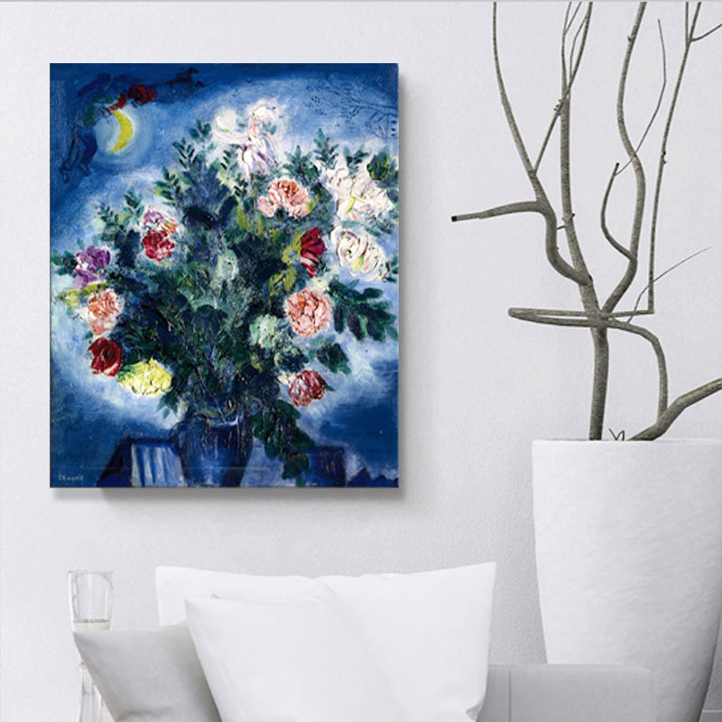 Brehn | Textured People Malen Eine Menge Blumen und Mond Blaue Wandkunst Dekor für Schlafzimmer
