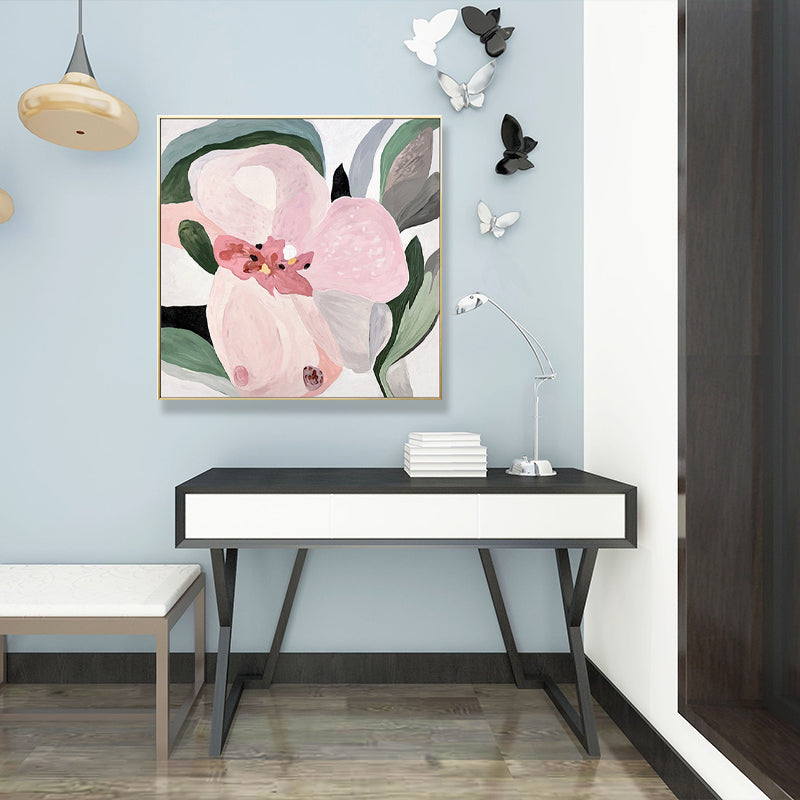 Brehn | Blumen Wandkunst Dekor Traditionelle Texturierte Quadrat Leinwand in Pink für Wohnzimmer