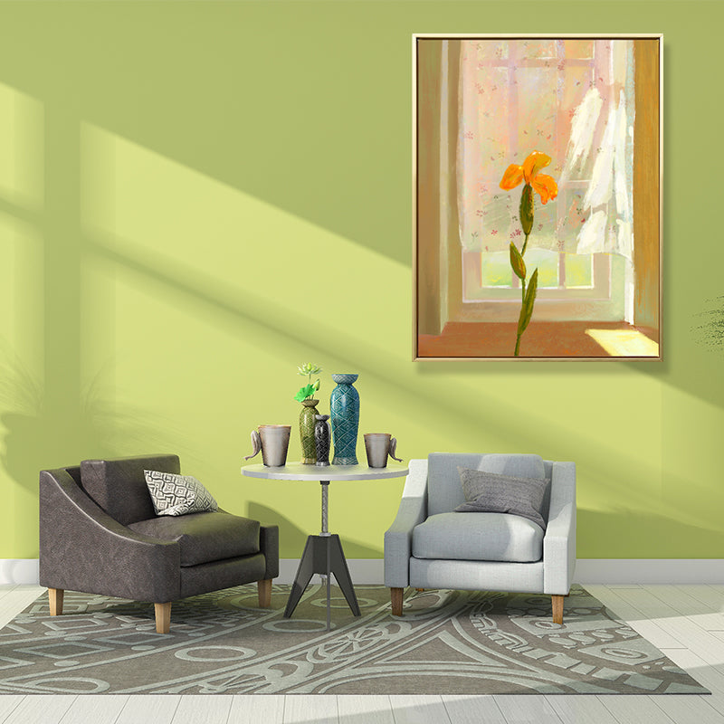 Brehn | Leinwand Texturiertes Wanddekor Traditionelle Blumen am Fenster Kunstdruck in Pastellfarbe