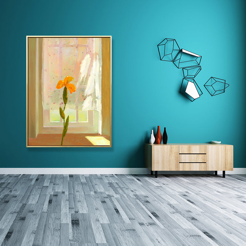 Brehn | Leinwand Texturiertes Wanddekor Traditionelle Blumen am Fenster Kunstdruck in Pastellfarbe