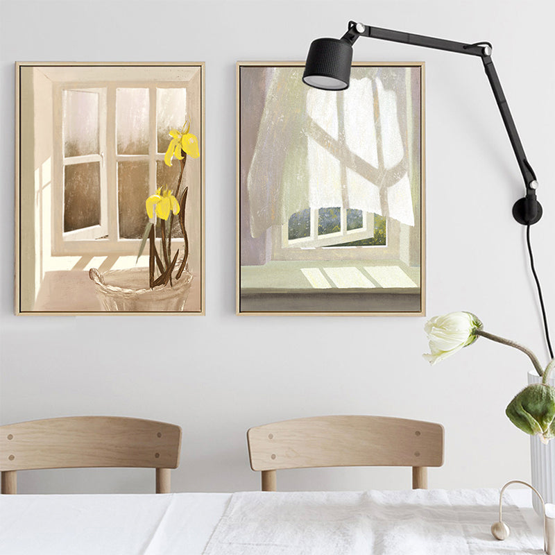 Brehn | Leinwand Texturiertes Wanddekor Traditionelle Blumen am Fenster Kunstdruck in Pastellfarbe