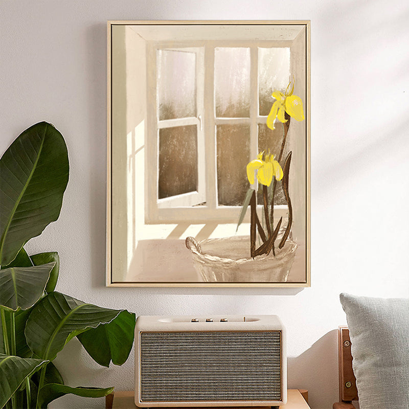 Brehn | Leinwand Texturiertes Wanddekor Traditionelle Blumen am Fenster Kunstdruck in Pastellfarbe