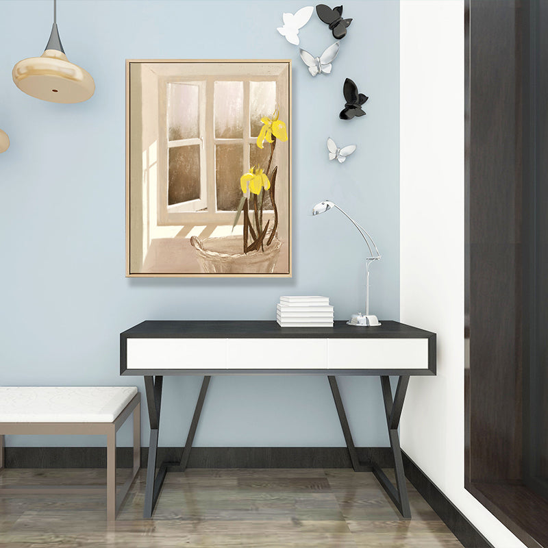 Brehn | Leinwand Texturiertes Wanddekor Traditionelle Blumen am Fenster Kunstdruck in Pastellfarbe