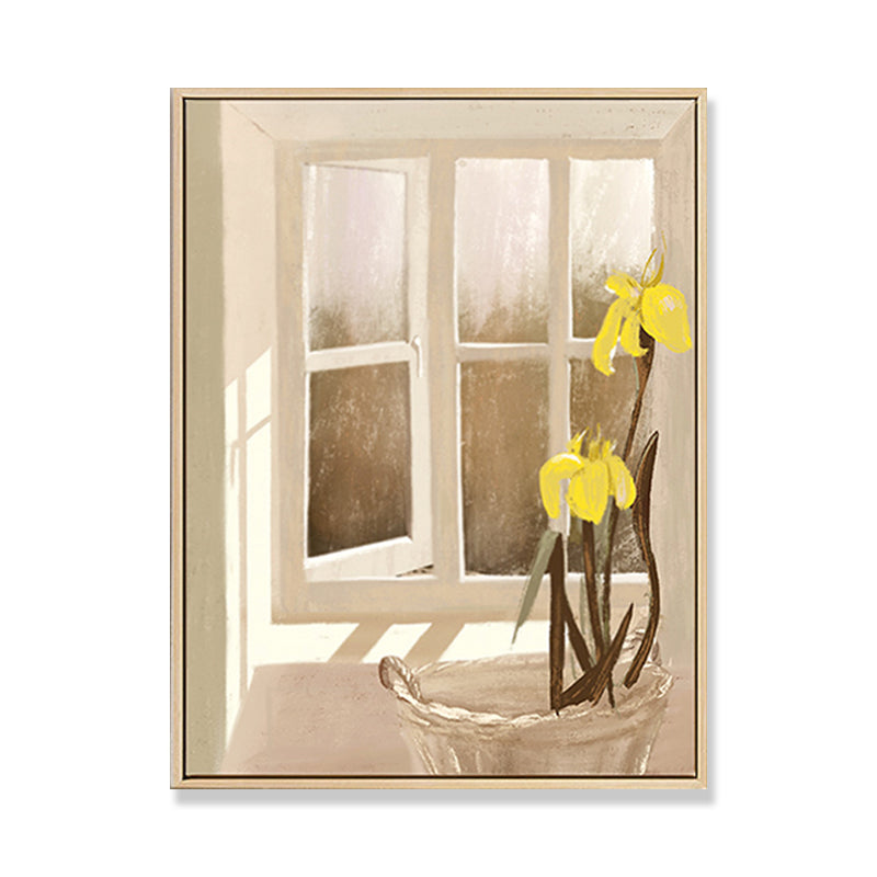 Brehn | Leinwand Texturiertes Wanddekor Traditionelle Blumen am Fenster Kunstdruck in Pastellfarbe