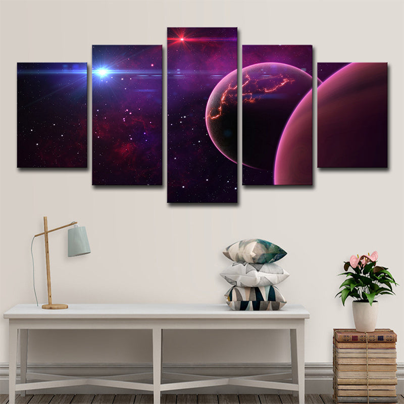 Brehn | Universum Wandkunst Kinder Traumplanet und Sterne Leinwanddruck in Lila für Schlafzimmer