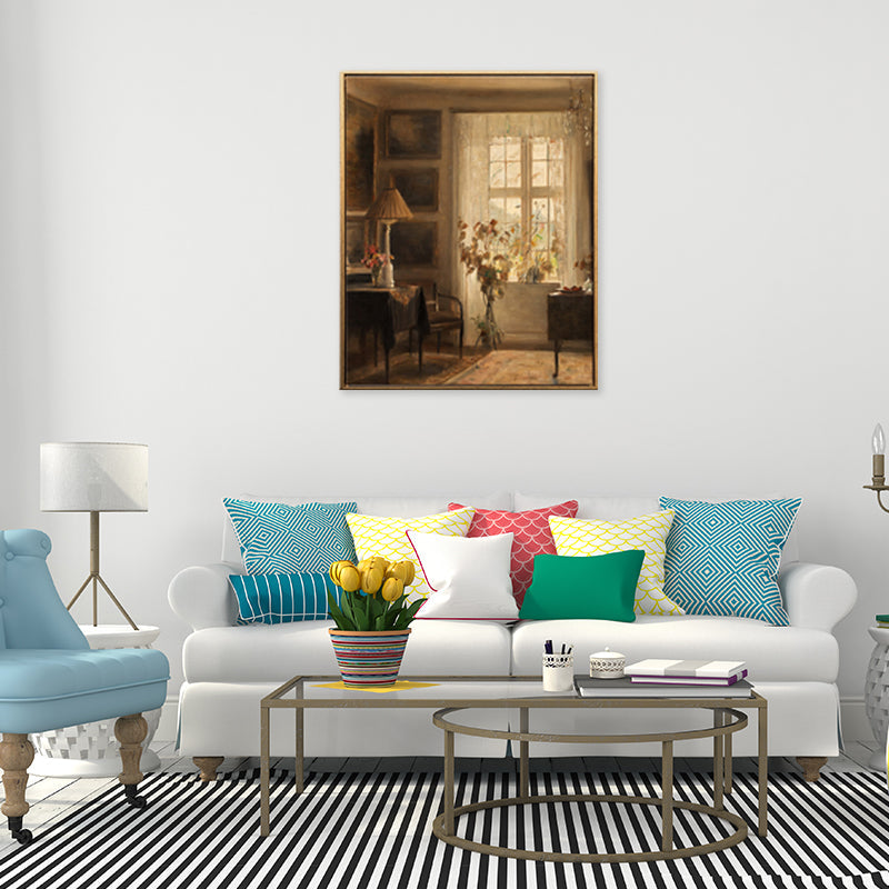 Brehn | Braune Fensterlandschaft Kunstdruck Rustikaler Texturierter Eingewickelter Canvas für Esszimmer (Mehrere Größenoptionen)