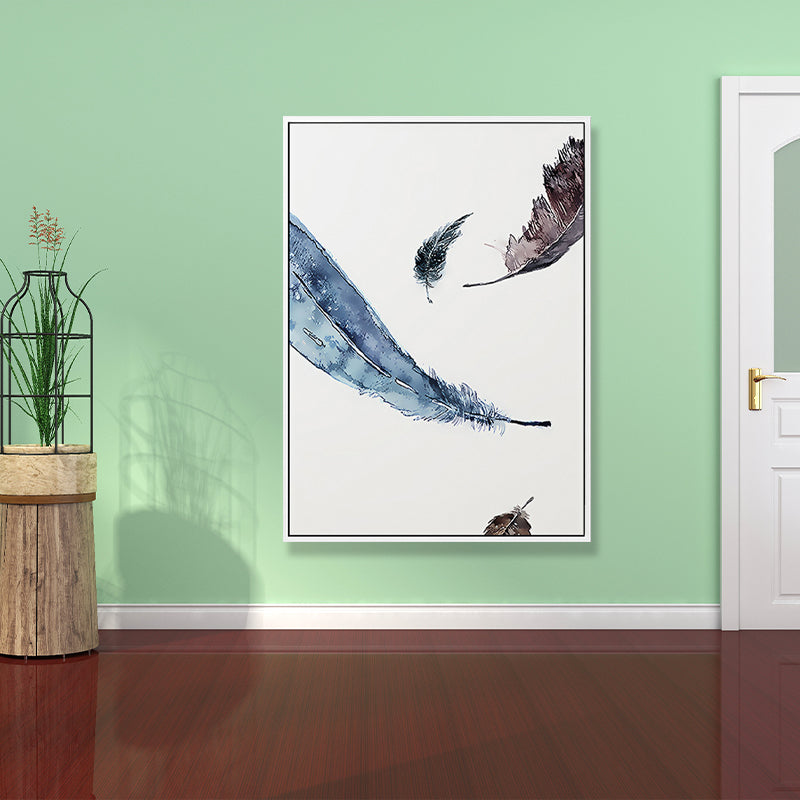 Brehn | Schwebende Vogel Federn Wanddekoration Zeitgenössischer Stil Leinwand Texturiertes Gemälde in Blau