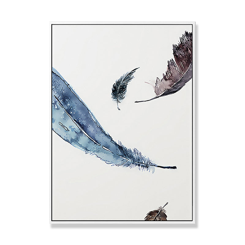 Brehn | Schwebende Vogel Federn Wanddekoration Zeitgenössischer Stil Leinwand Texturiertes Gemälde in Blau