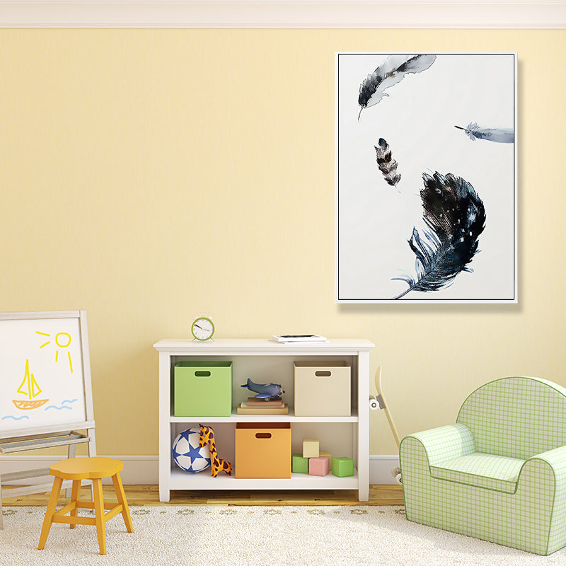 Brehn | Schwebende Vogel Federn Wanddekoration Zeitgenössischer Stil Leinwand Texturiertes Gemälde in Blau