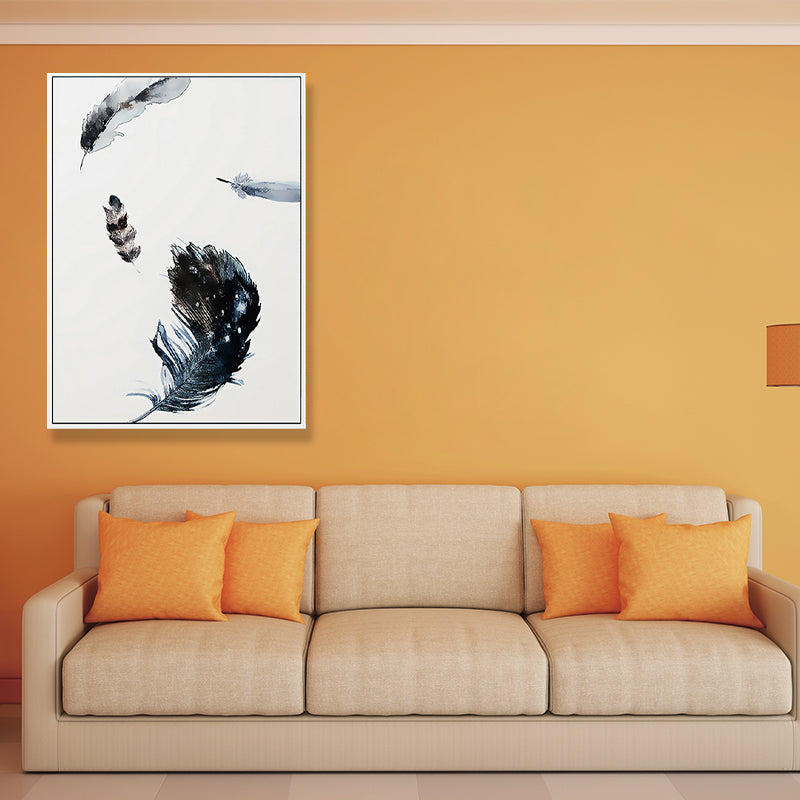 Brehn | Schwebende Vogel Federn Wanddekoration Zeitgenössischer Stil Leinwand Texturiertes Gemälde in Blau