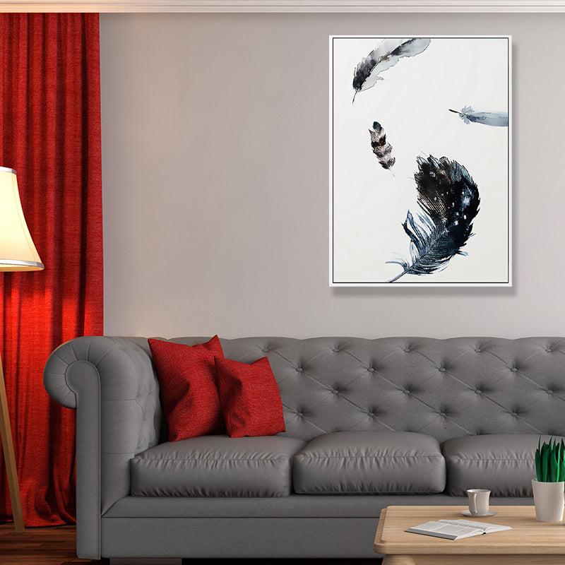 Brehn | Schwebende Vogel Federn Wanddekoration Zeitgenössischer Stil Leinwand Texturiertes Gemälde in Blau