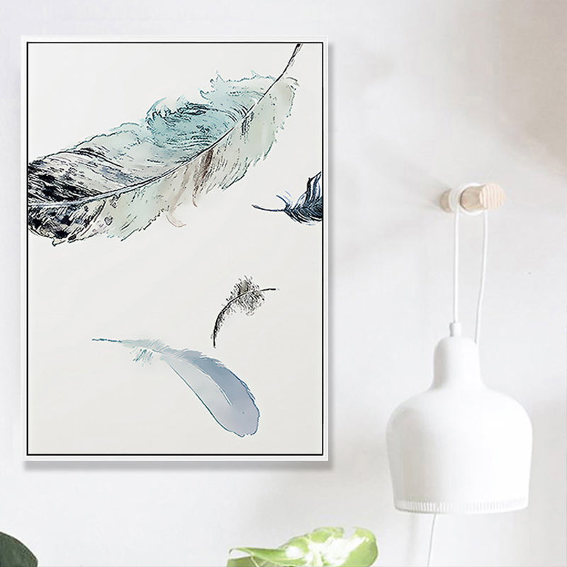 Brehn | Schwebende Vogel Federn Wanddekoration Zeitgenössischer Stil Leinwand Texturiertes Gemälde in Blau