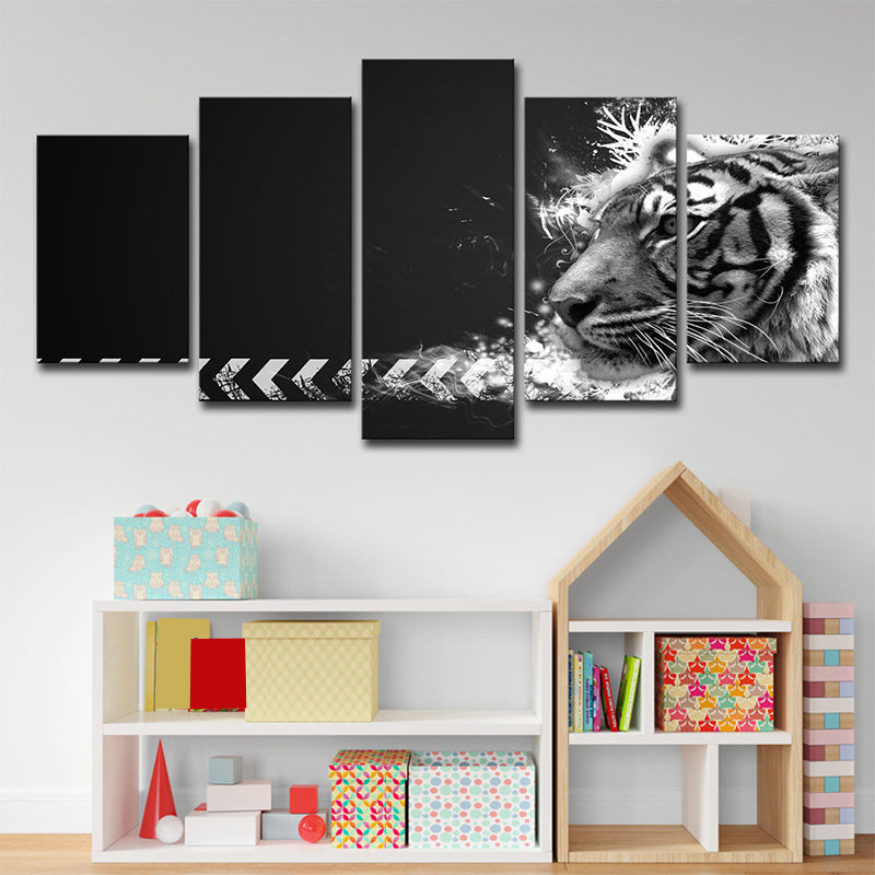 Brehn | Witte Tijger Wandkunst Meerdere Stukken Hedendaags Zithoek Canvas in Zwart