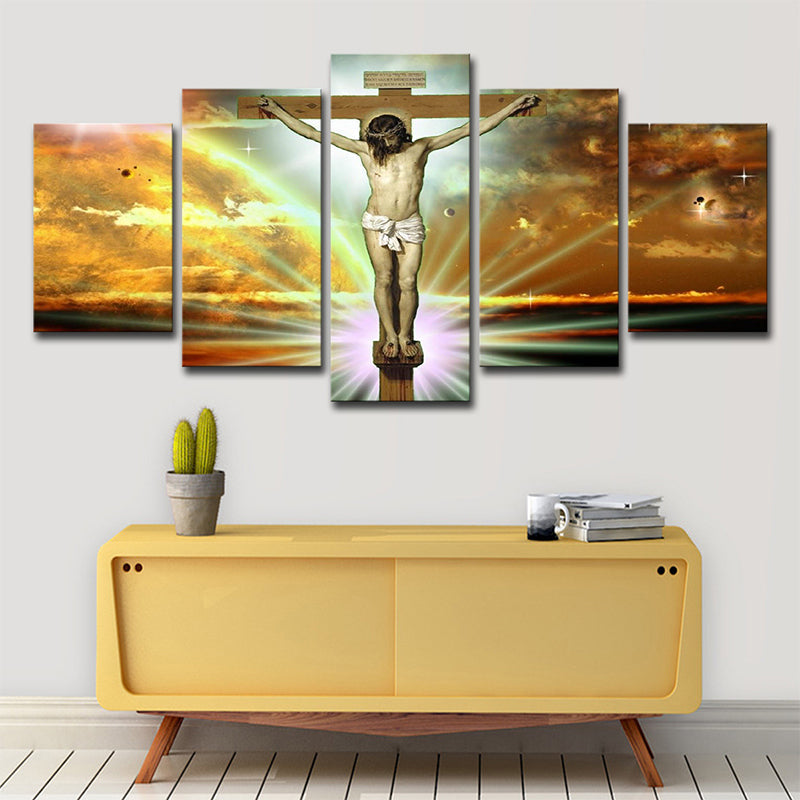 Brehn | Global Inspirierte Religion Wandkunst Gelber Jesus am Kreuz mit Sonnenlicht Hintergrund Leinwand