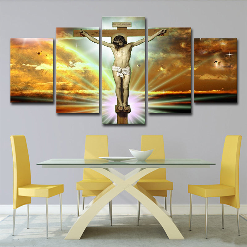 Brehn | Global Inspirierte Religion Wandkunst Gelber Jesus am Kreuz mit Sonnenlicht Hintergrund Leinwand