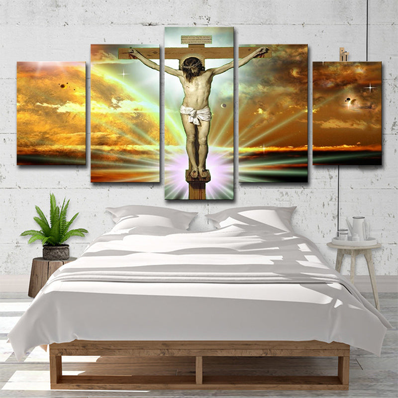Brehn | Global Inspirierte Religion Wandkunst Gelber Jesus am Kreuz mit Sonnenlicht Hintergrund Leinwand