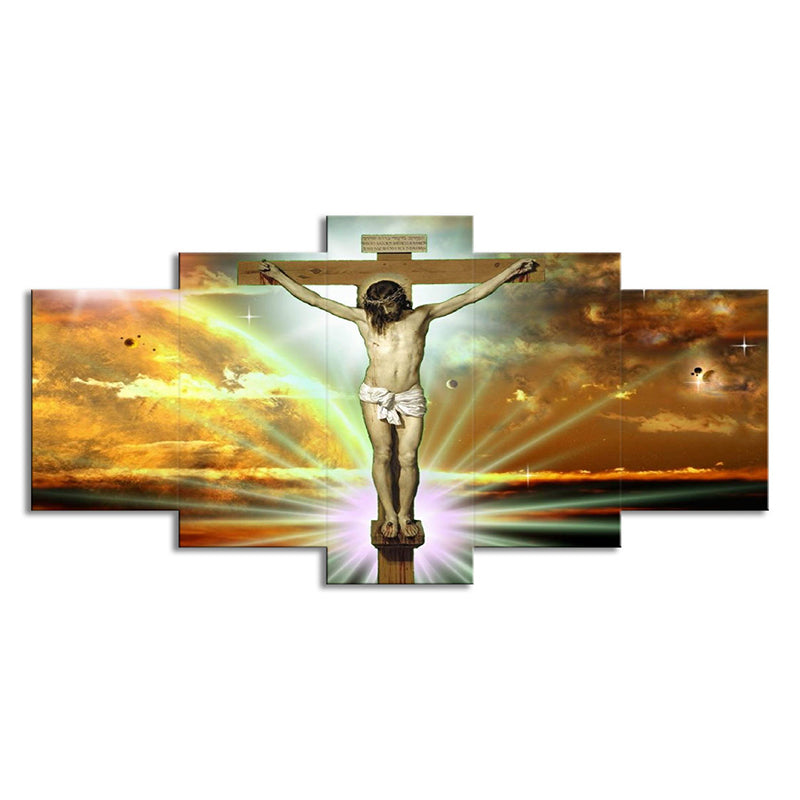 Brehn | Global Inspirierte Religion Wandkunst Gelber Jesus am Kreuz mit Sonnenlicht Hintergrund Leinwand