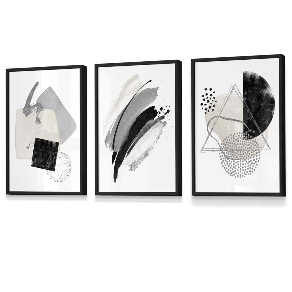 Abstraktes Set aus 3 gerahmten Kunstdrucken in Grau, Schwarz und Silber
