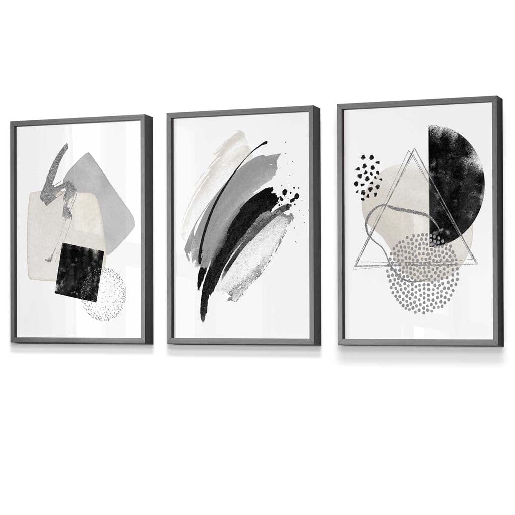 Abstraktes Set aus 3 gerahmten Kunstdrucken in Grau, Schwarz und Silber